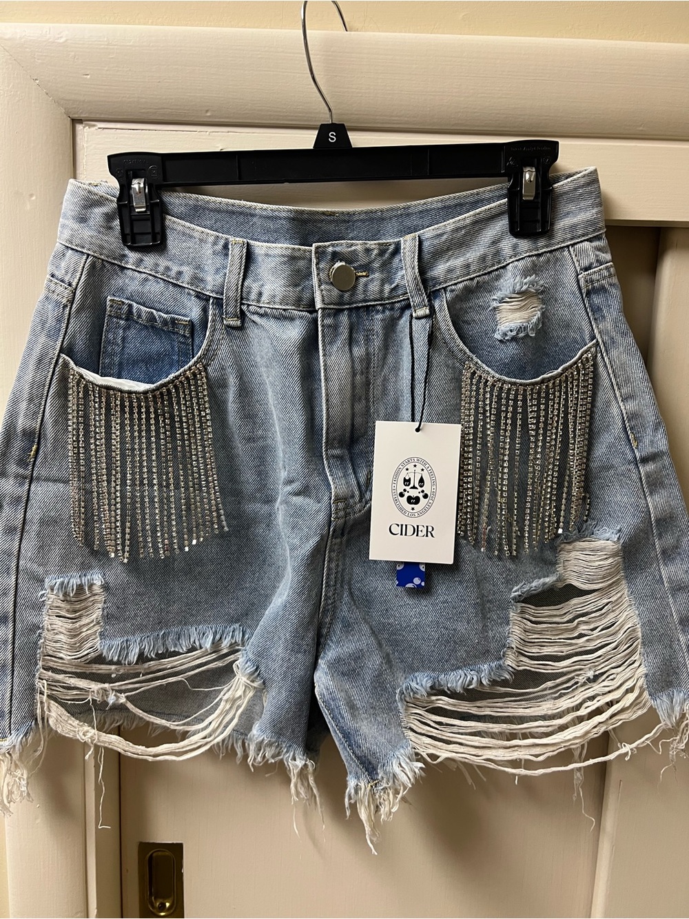 Cider Light Blue Distressed Denim Shorts with Rhinestone Fringe Pockets